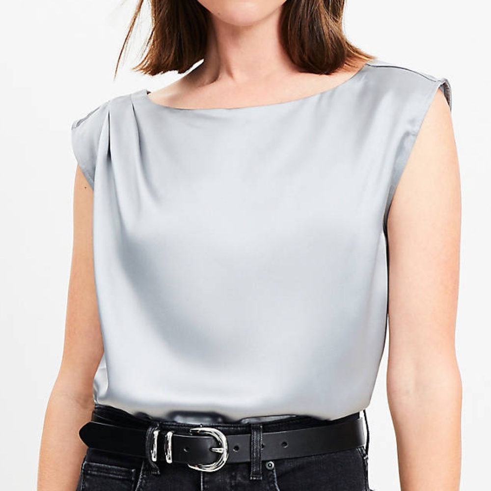 NWT LOFT Satin Pleated Shoulder Boatneck Top